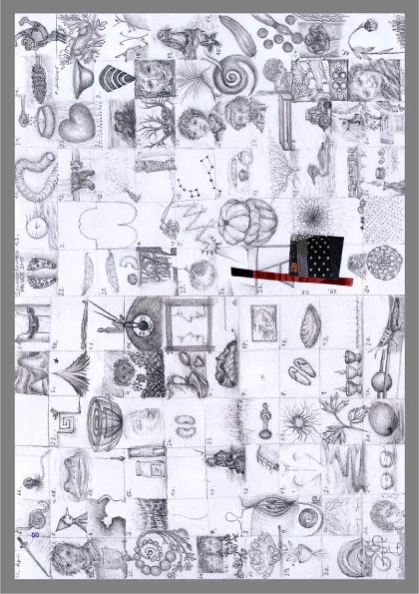 Sommertagebuch, dichtes Raster kleiner Bleistiftzeichnungen mit einem collagierten Element, von Barbara Müller.
