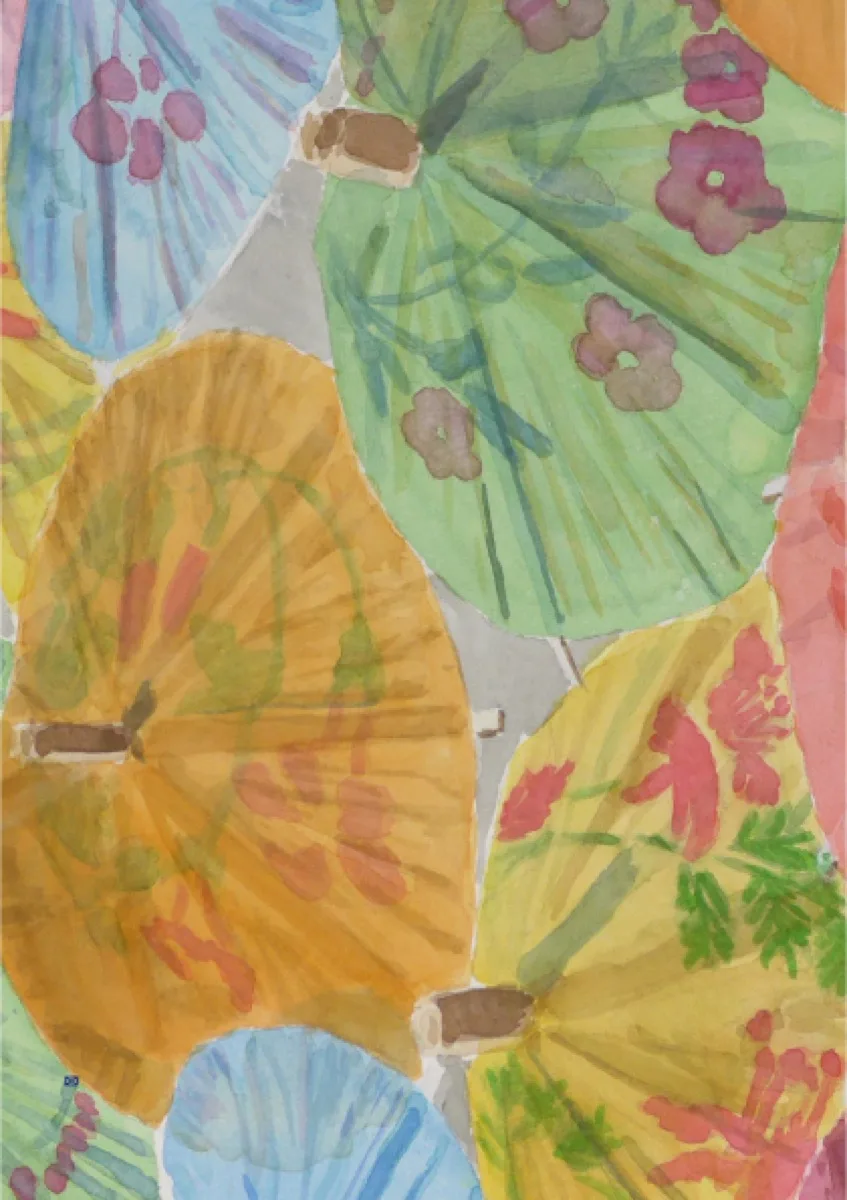 Die Sonne scheint auf jeden Kopf, Aquarell mit bunten Sonnenschirmen und Blüten, von Christoph Zihlmann.