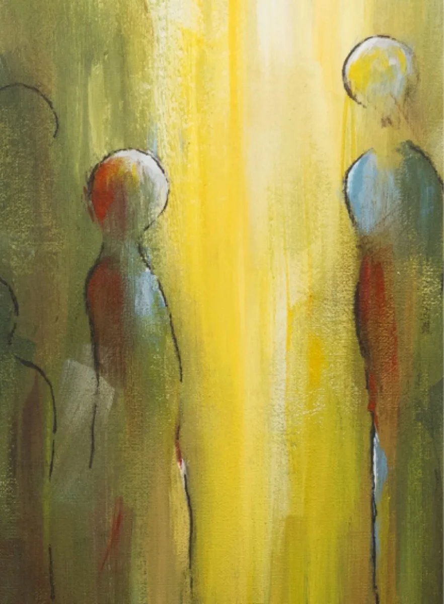 da sein, Acrylmalerei mit stehenden Figuren in warmem gelbem Licht, von August Oeschger.