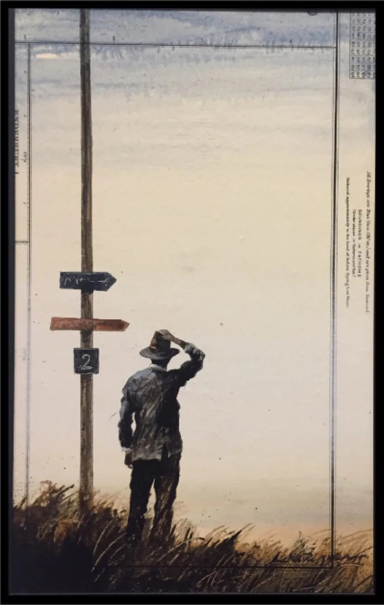 par ici, Malerei auf einer alten Seekarte mit einer Person und einem Wegweiser am Meer, von Yann Letestu.
