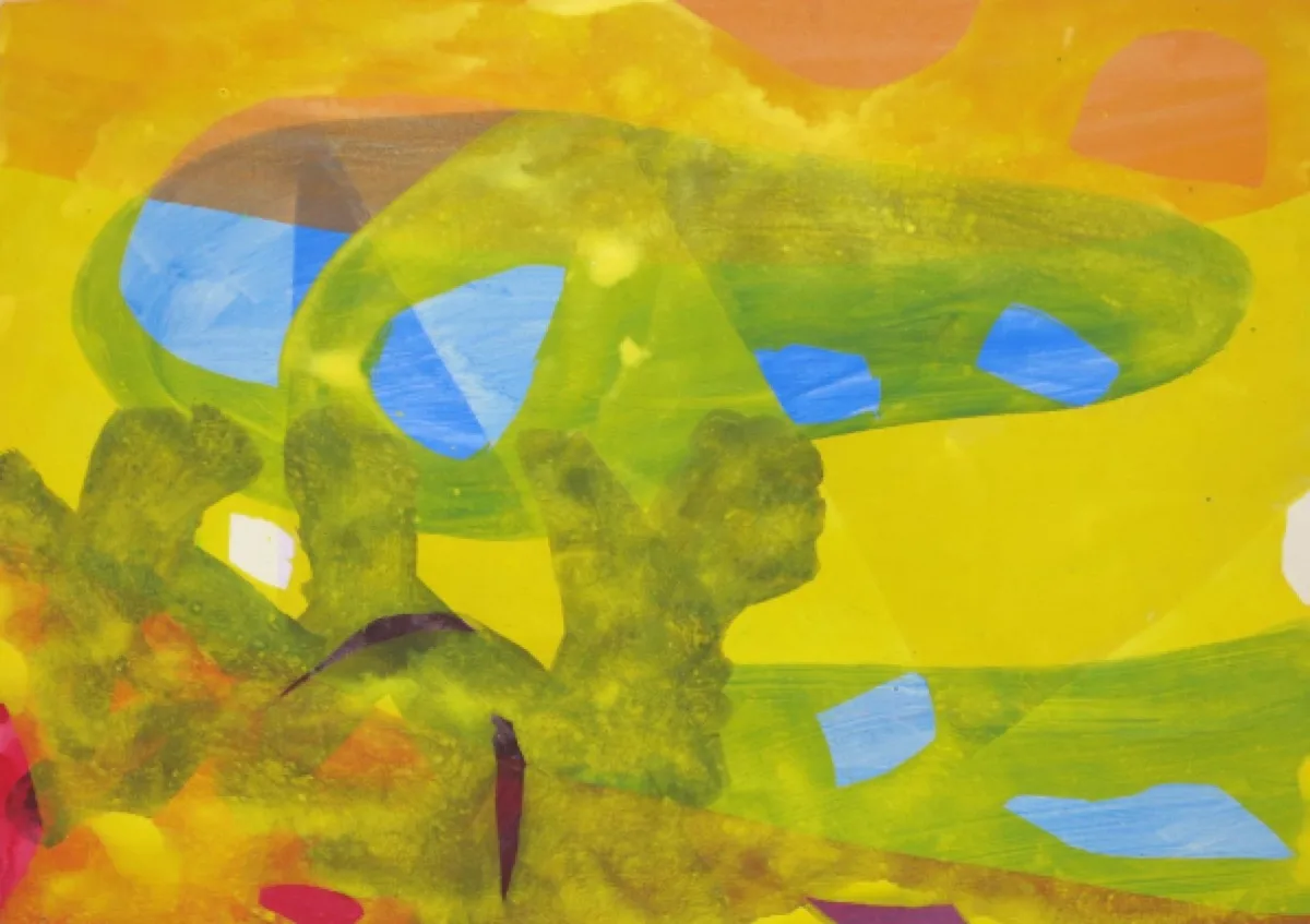 Sommerlicht, abstrakte Acrylmalerei in warmen Gelb- und Grüntönen mit blauen Akzenten, von Judith Meyer.